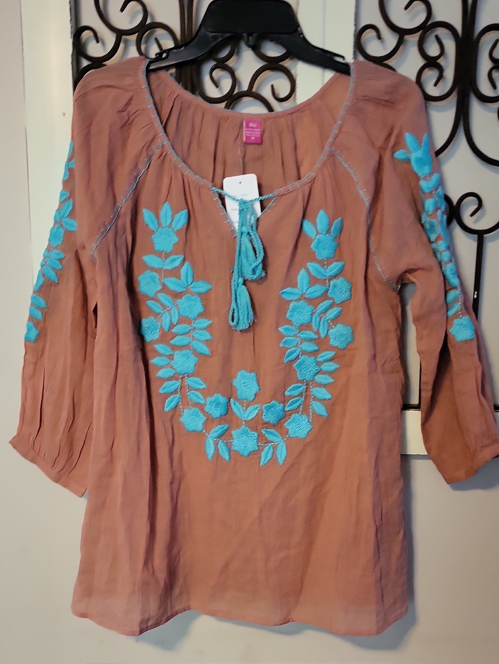 Embroidered Peasant Tunic Top - Turquoise on Rust